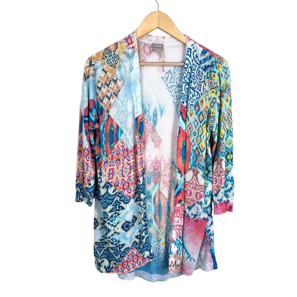 Chico's‎ cotton blend Colorful artsy open knit cardigan sz M